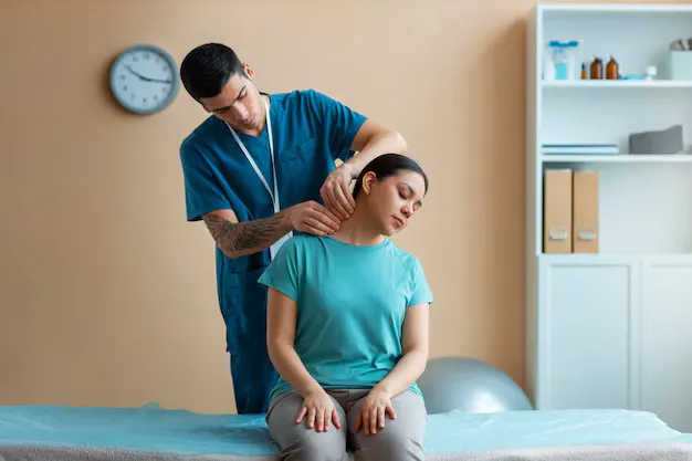 Neck mobilisation during a physiotherapy session